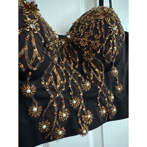 Beaded sequin 3D floral Crop bustier bra top gold black removable straps large - Picture 5 of 16